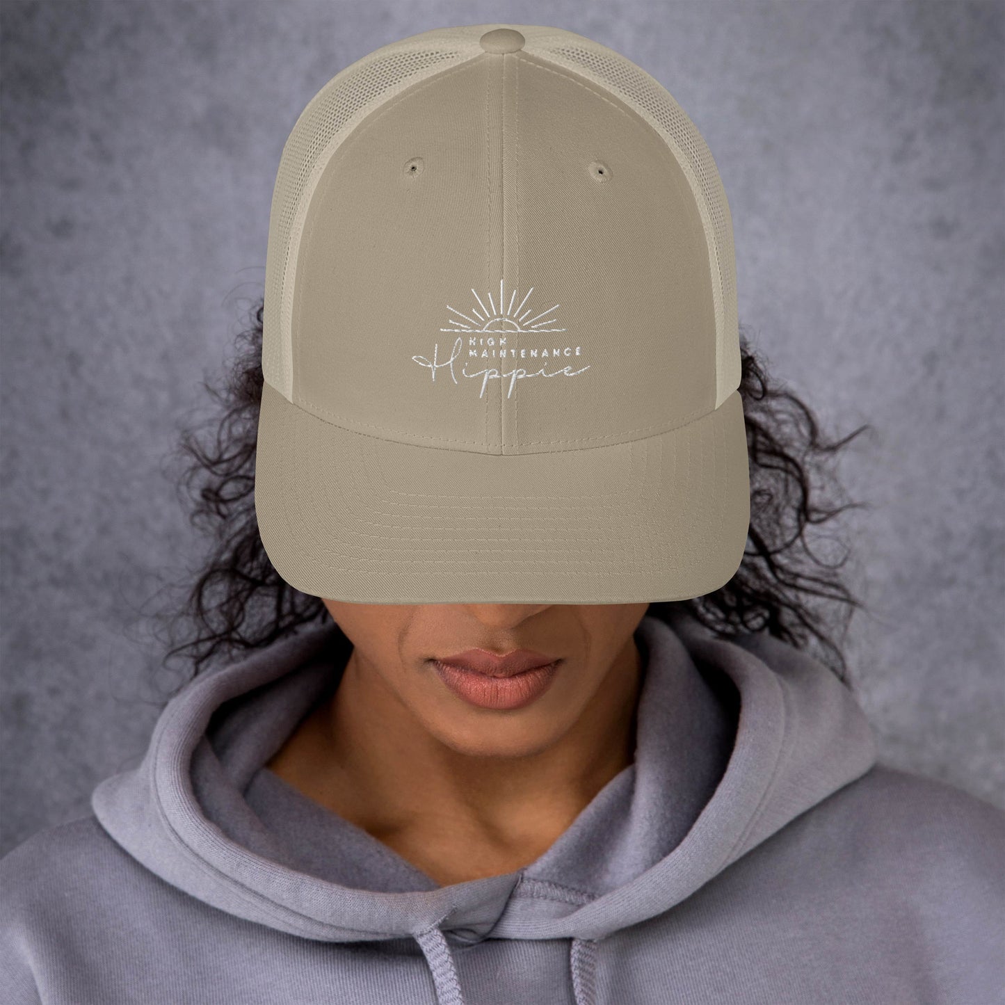 High-Maintenance Hippie Trucker Hat in White